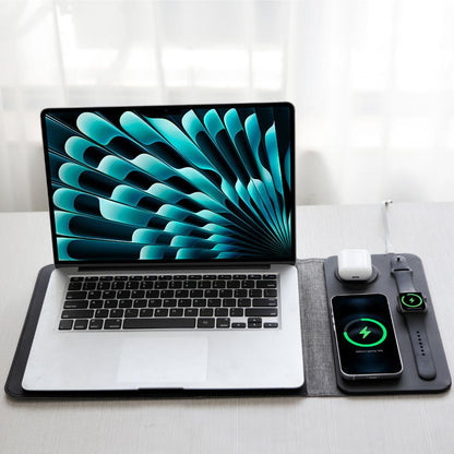 5-in-1 Laptop-Hülle aus veganem Leder mit kabellosem Ladegerät für iPhone, AirPods und Apple Watch – Mauspad &amp; Schnellladung