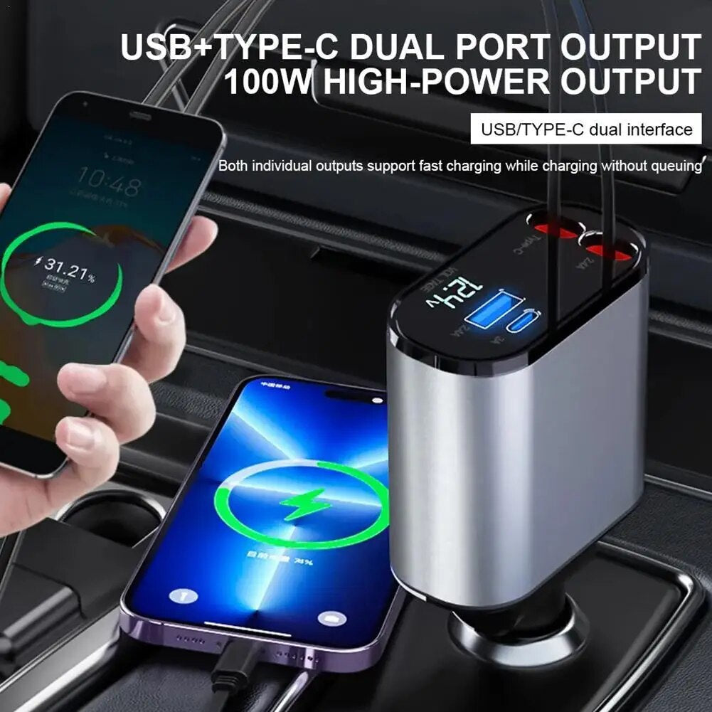 4-in-1 Rückziehbares Auto-Ladegerät für iPhone und Samsung