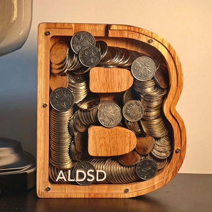 Holz Sparschwein mit Sichtfenster - Alphabet-Design