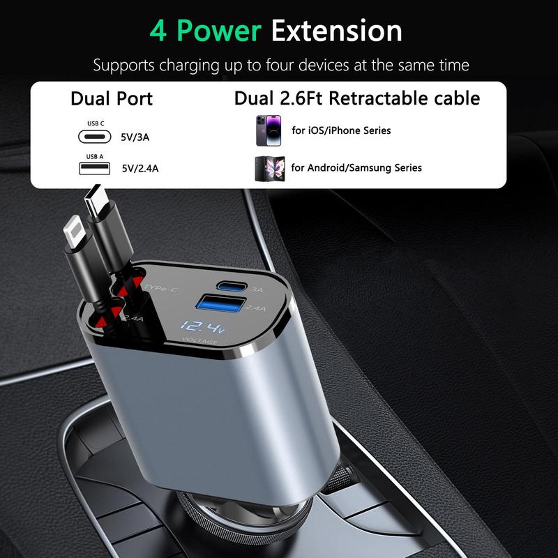 4-in-1 Aufzieh-Ladegerät für Auto mit Starlight-Erlebnis, Schnellladung und Mehrfachschutz – Type-C, iOS, USB-A und USB-C-Ports