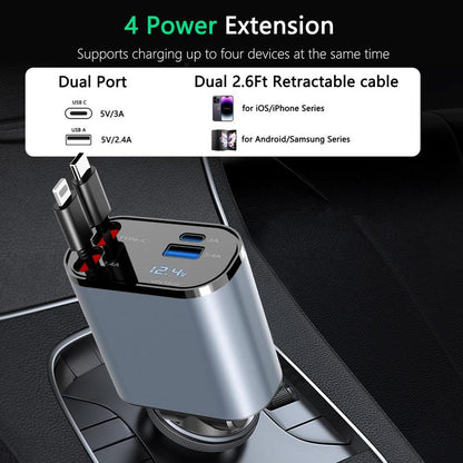 4-in-1 Aufzieh-Ladegerät für Auto mit Starlight-Erlebnis, Schnellladung und Mehrfachschutz – Type-C, iOS, USB-A und USB-C-Ports