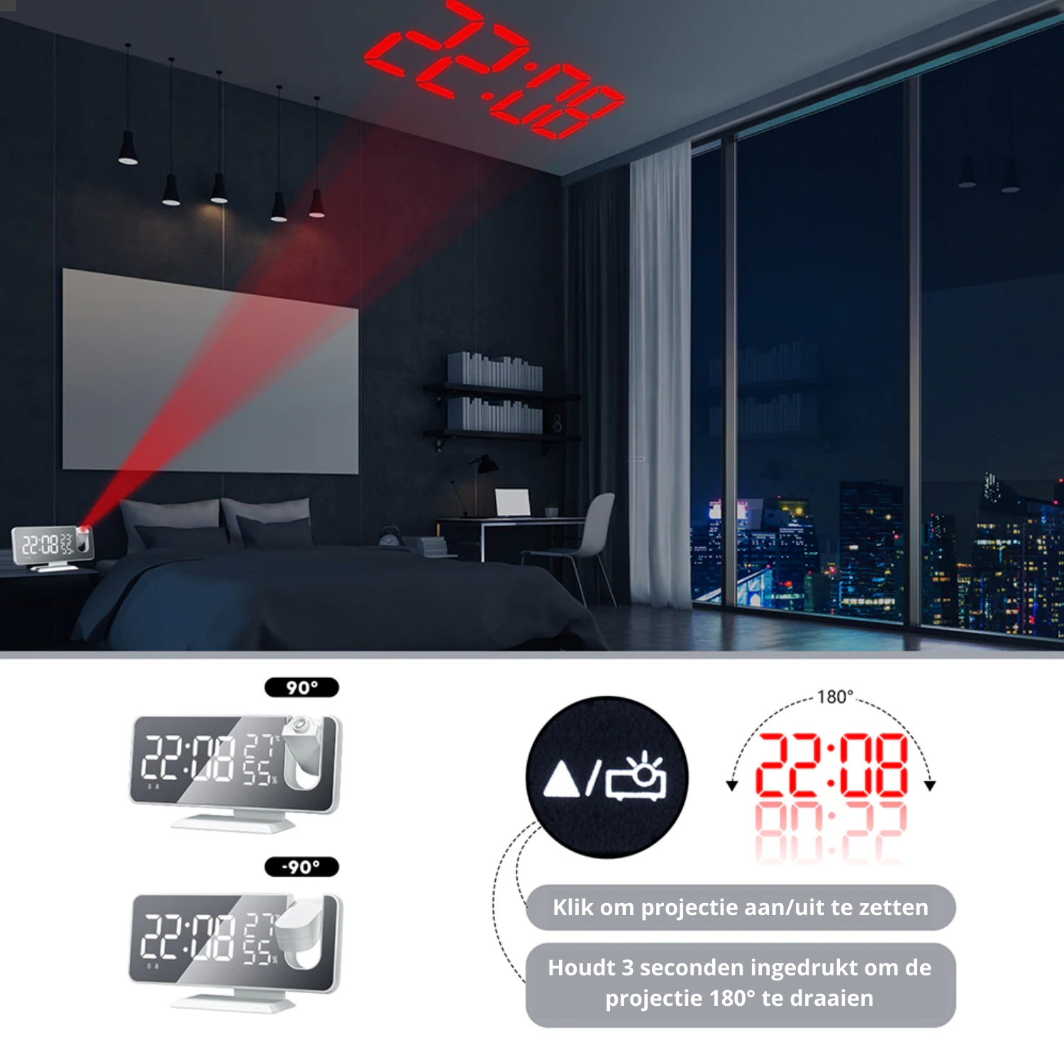 Zelara™ Astronatic™ | Der beste Wecker mit LED-Bildschirm – 180°-Projektor – USB-Ladegerät