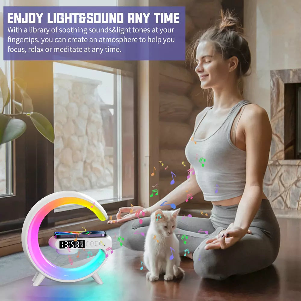 Smart Light Sound Machine mit 15W kabellosem Laden, Bluetooth-Lautsprecher, Wecker und RGB-Beleuchtung