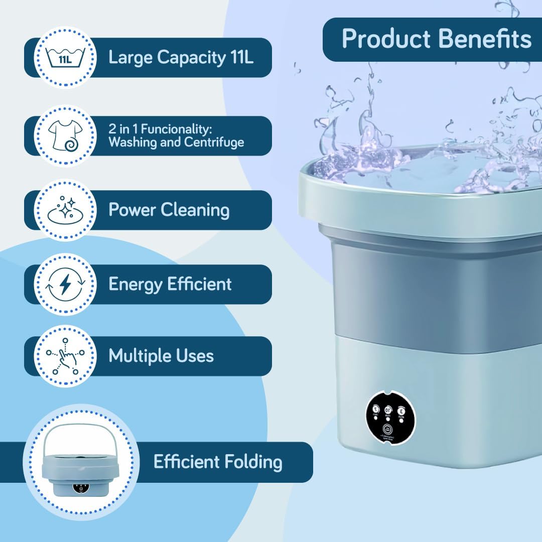 Tragbare Waschmaschine 11L, faltbar, energiesparend mit Schleuderfunktion &amp; Blaulicht, kompakt für Reisen, Camping &amp; kleine Räume