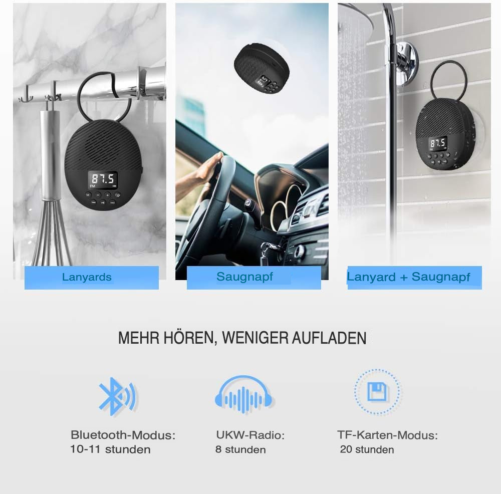 Zelara Super tragbarer wasserfester kabelloser Bluetooth-Lautsprecher mit FM-Radio und Zeitanzeige