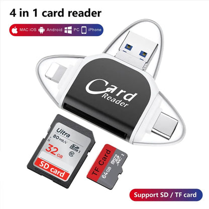 4-in-1 Universeller SD TF Kartenleser – USB, USB C, Micro USB, Lightning Anschluss