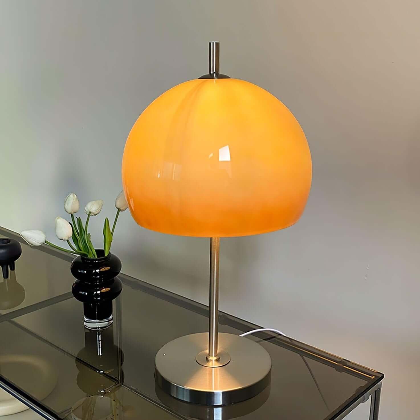 Pilz Design Tischlampe Glas Bernstein