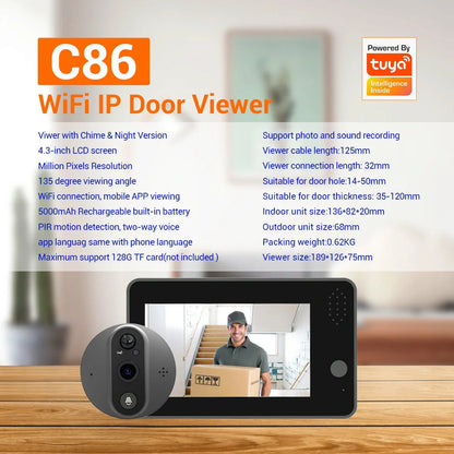 Tuya Smart 1080P WiFi Türklingel Kamera mit 4,3-Zoll-Display, Gegensprechfunktion, Nachtsicht und Home Security Viewer