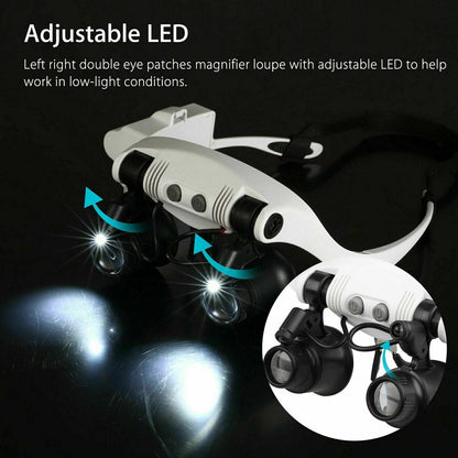 Verstellbare Kopfbandlupe mit LED-Licht und 8 Linsen – Perfekt für Schmuck, Uhrenreparatur &amp; Gravur