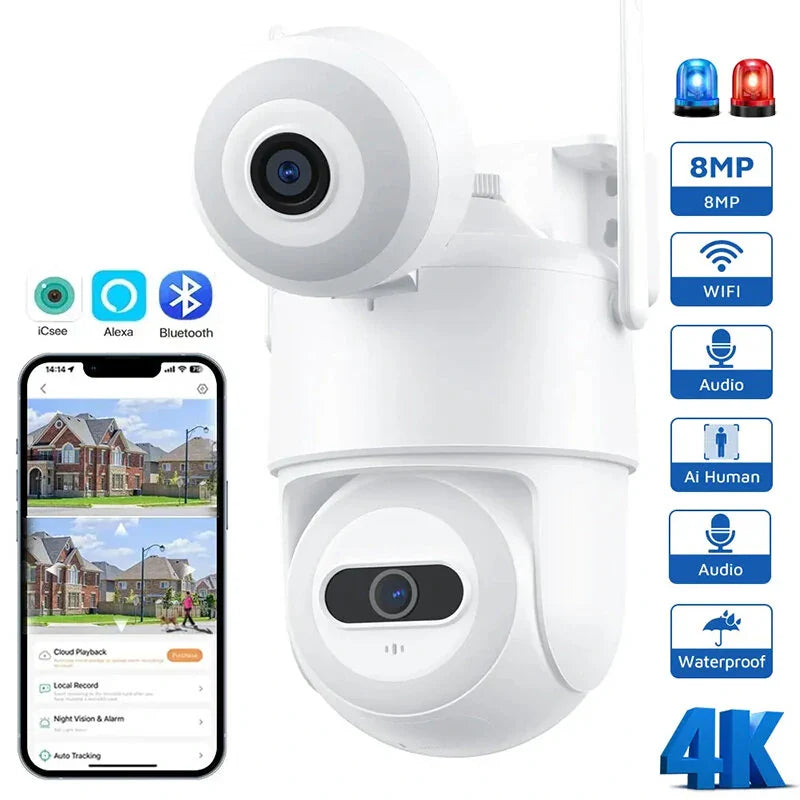 Guudgo 4K WiFi PTZ Outdoor Kamera, Dual-Screen, Menschenerkennung, Nachtsicht, Zwei-Wege-Audio, IP66 Wasserdicht, Bluetooth/ Kabelgebundene CCTV