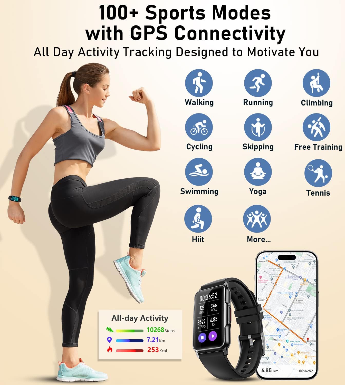 Zelara IP68 wasserdichtes HD Multisport-Fitness-Tracker-Armband Smart Watch für Android IOS