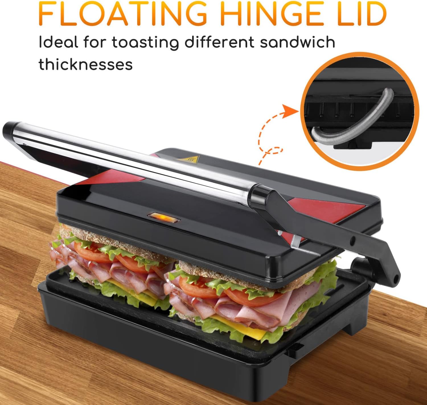 Panini Grill Sandwichmaker 1000W mit Antihaftplatten, Verstellbarem Scharnier &amp; Temperaturkontrolle