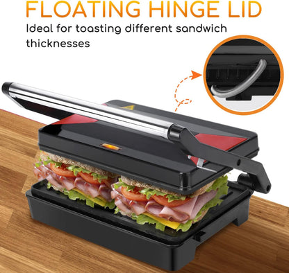 Panini Grill Sandwichmaker 1000W mit Antihaftplatten, Verstellbarem Scharnier &amp; Temperaturkontrolle