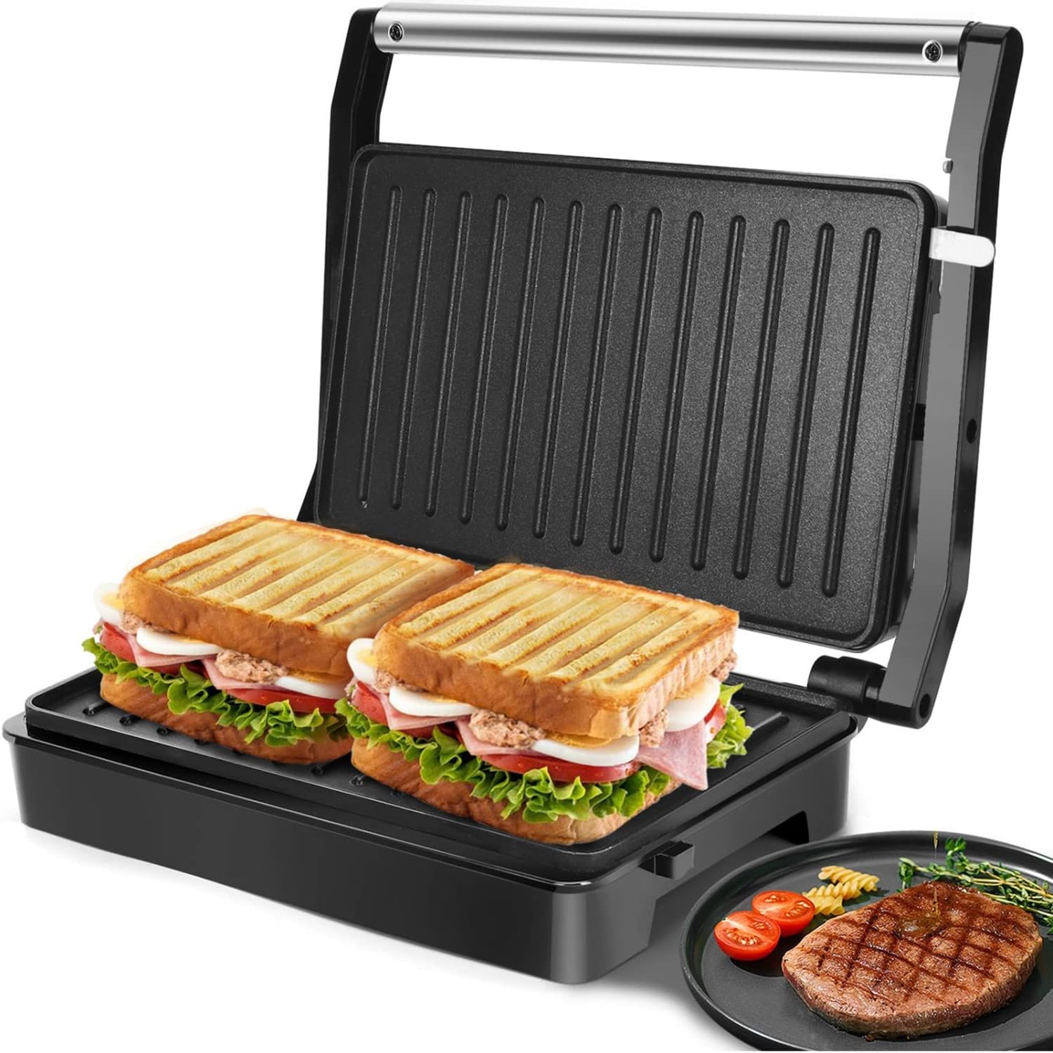 Panini Grill Sandwichmaker 1000W mit Antihaftplatten, Verstellbarem Scharnier &amp; Temperaturkontrolle