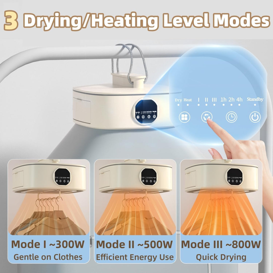 Tragbarer Wäschetrockner mit Heizfunktion – 800 W Kompaktgerät für Zuhause &amp; Reisen, 3 Stufen, Timer, Warmweiß