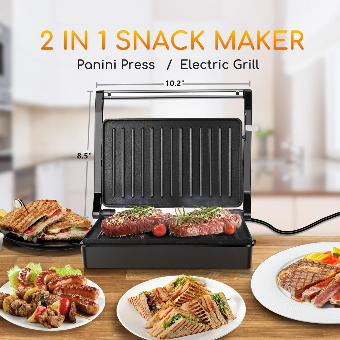 Panini Grill Sandwichmaker 1000W mit Antihaftplatten, Verstellbarem Scharnier &amp; Temperaturkontrolle