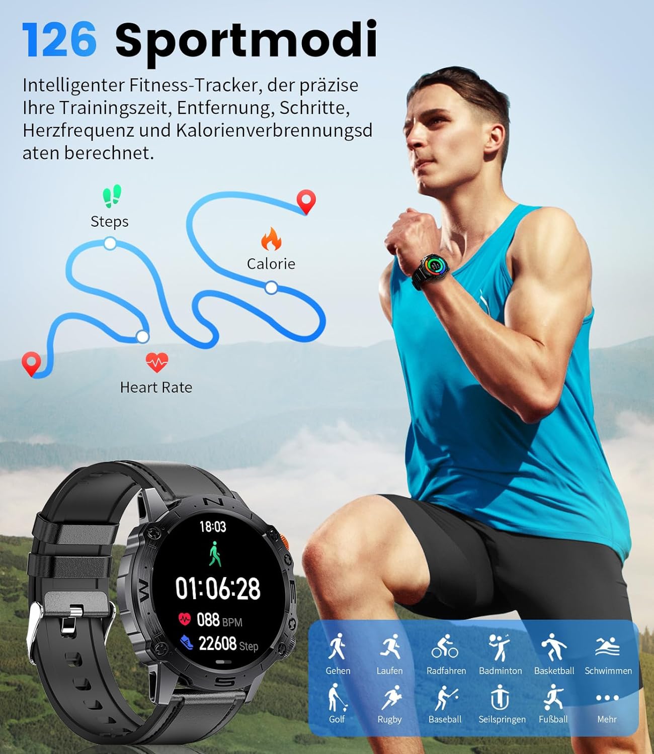 Zelara K60 Herren Smartwatch HD Outdoor Sportuhr Herzfrequenzmonitor / Schlafmonitor