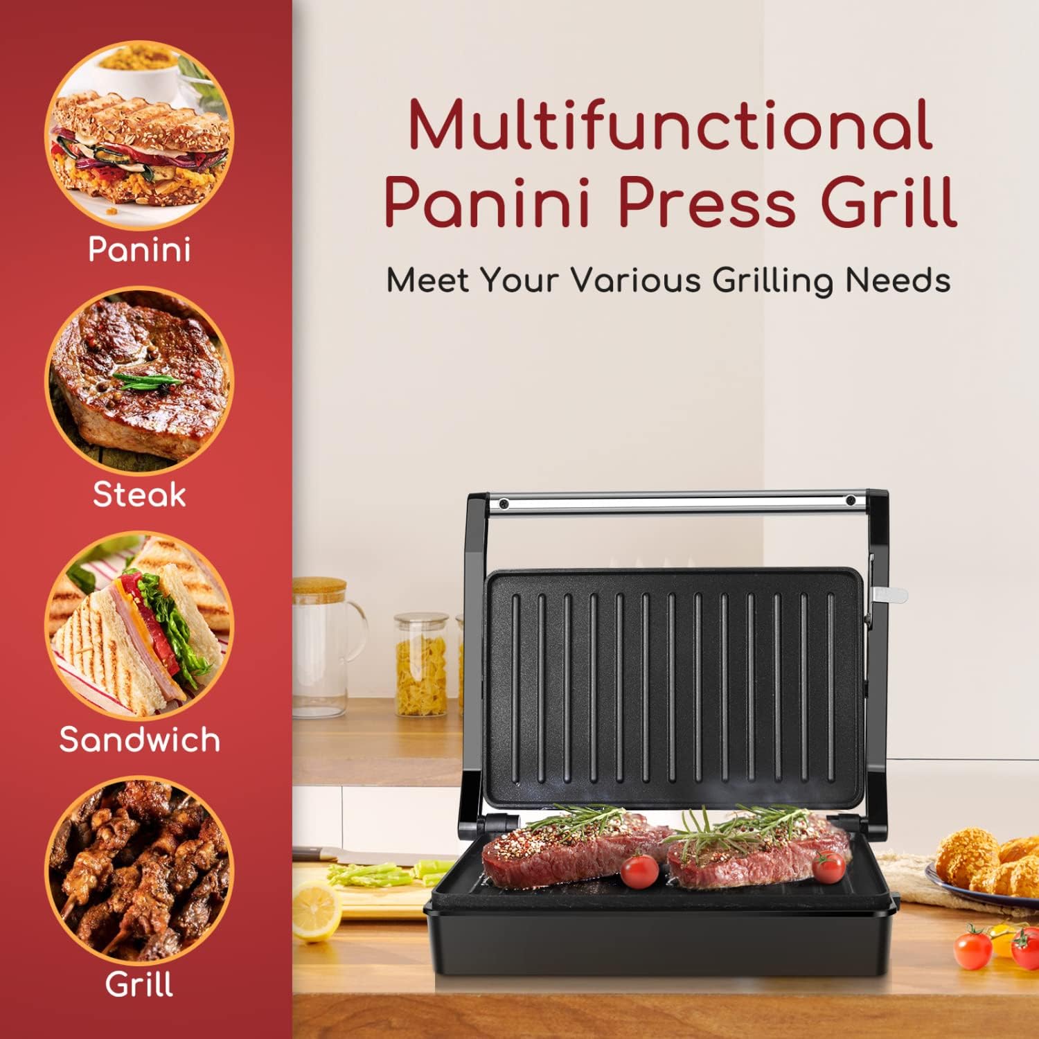 Panini Grill Sandwichmaker 1000W mit Antihaftplatten, Verstellbarem Scharnier &amp; Temperaturkontrolle