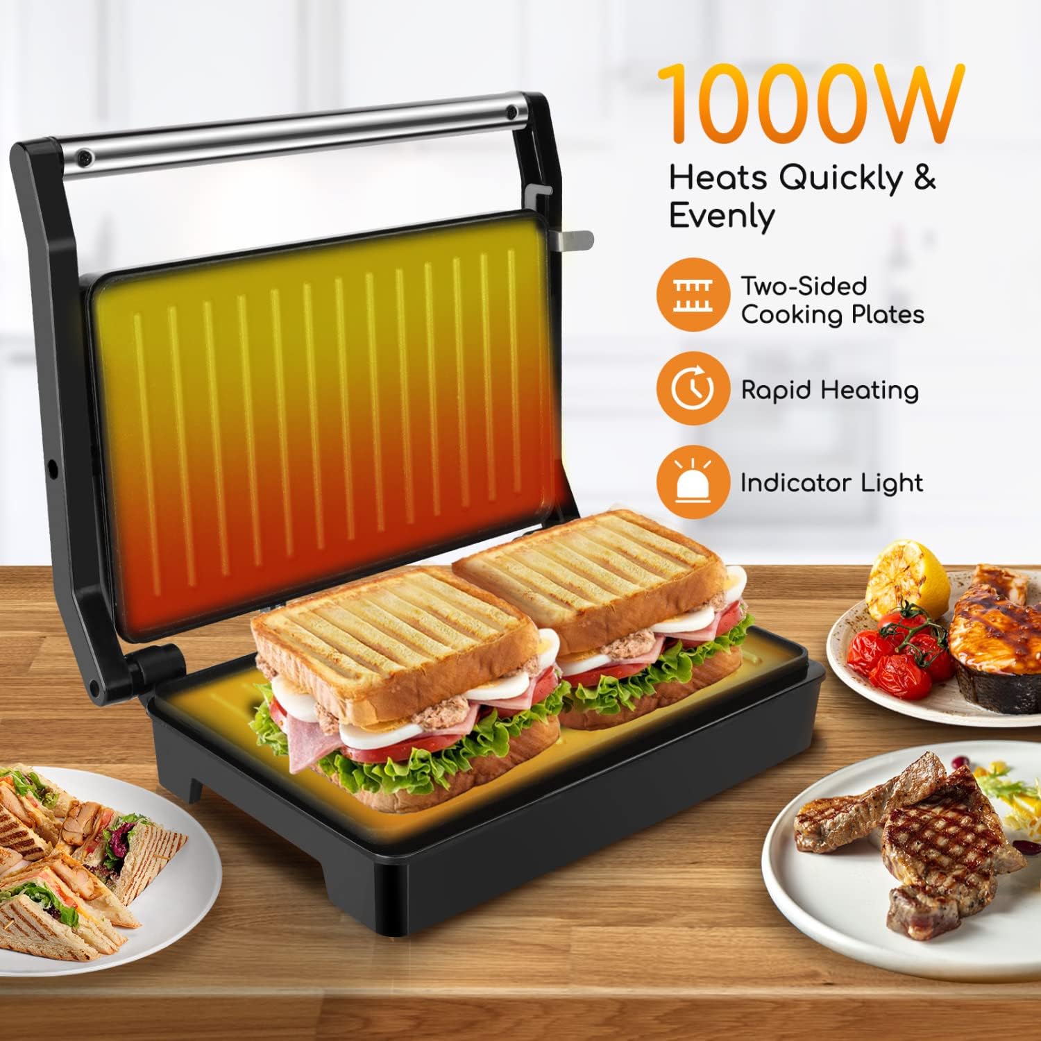 Panini Grill Sandwichmaker 1000W mit Antihaftplatten, Verstellbarem Scharnier &amp; Temperaturkontrolle