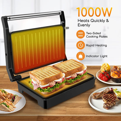 Panini Grill Sandwichmaker 1000W mit Antihaftplatten, Verstellbarem Scharnier &amp; Temperaturkontrolle