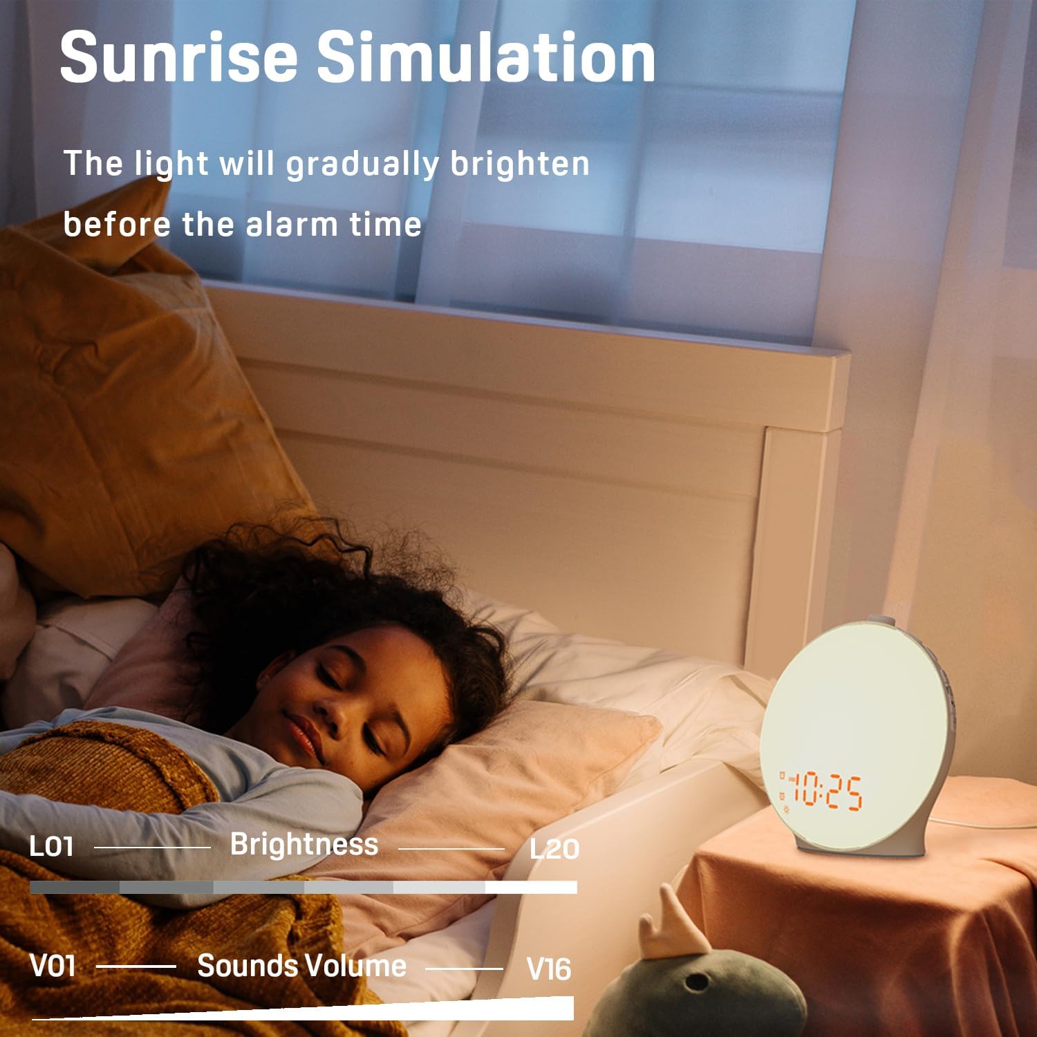 Sonnenaufgang Wecker mit Lichtsimulation, Dual-Alarm, FM Radio, Nachtlicht, einstellbare Helligkeit
