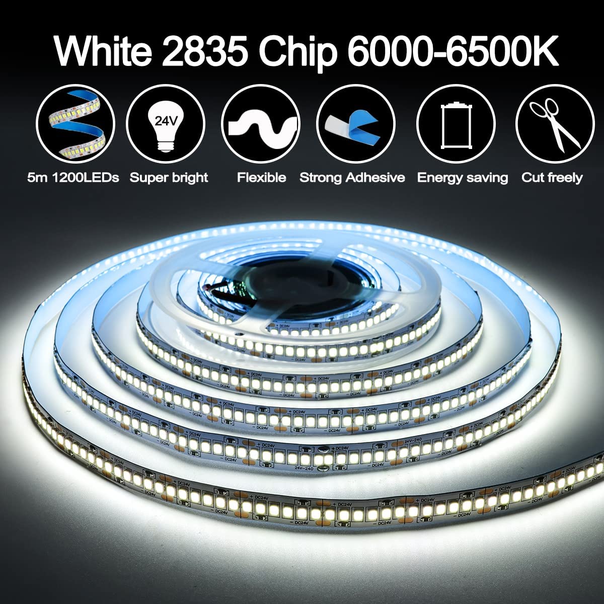 24 V LED-Lichtleiste – 240 LEDs/m – insgesamt 1200 LEDs – Weiß 6000 K – 5 m LED-Lichtleiste 2835 IP20 – superhelle LED-Lichtbänder für Schlafzimmer, Küche und Dekoration