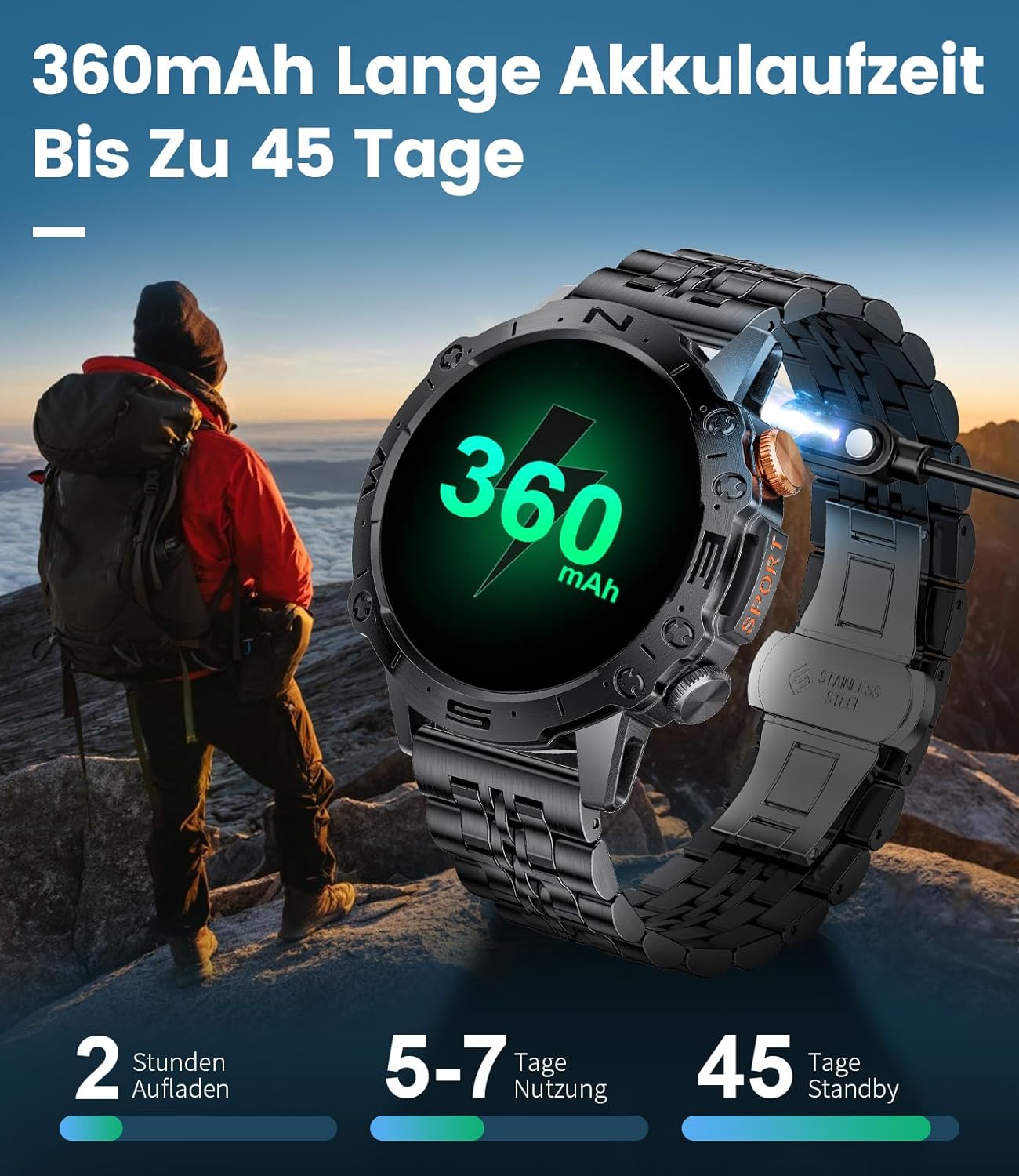 Zelara K60 Herren Smartwatch HD Outdoor Sportuhr Herzfrequenzmonitor / Schlafmonitor