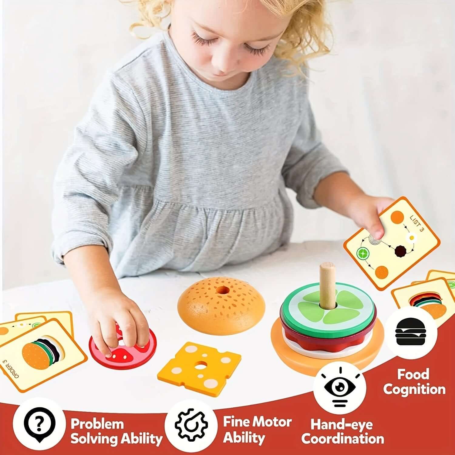 Montessori Holz Stapelspiel Burger - Feinmotorik &amp; Kreativität