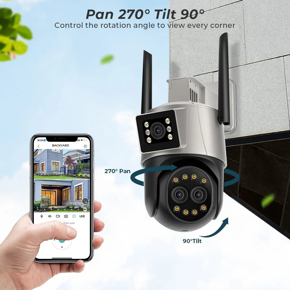 Guudgo 9MP 4K WiFi PTZ Sicherheitskamera, Triple Lens, Dual Screen, 8X Zoom, Nachtsicht, Menschenerkennung, 3MP Jede Linse, EU Stecker