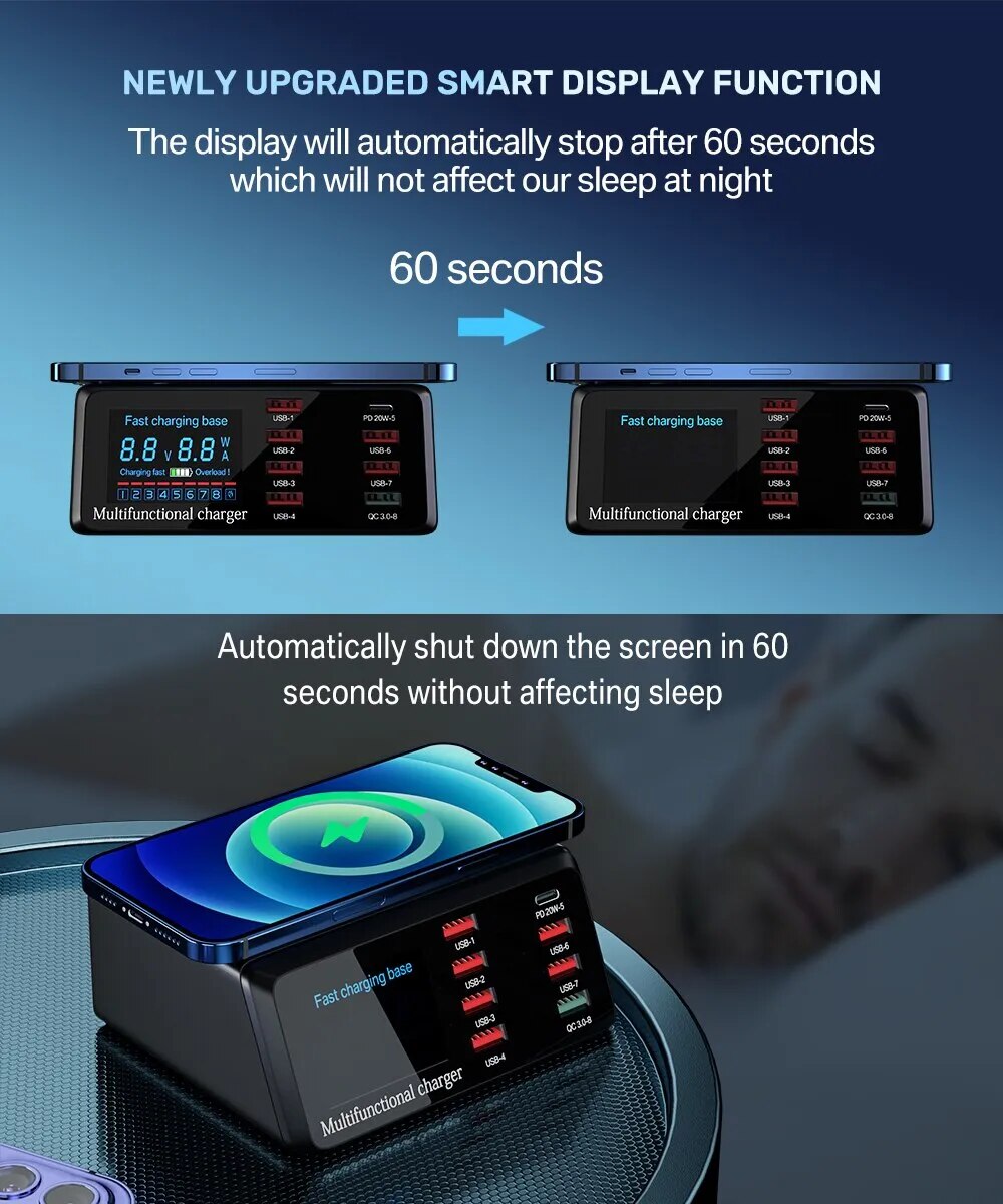 110W 8-Port USB Typ-C Ladestation Kabellose Schnell Ladegerät Digitalem Bildschirm | Wireless Charging Station iPhone, Samsung, Android, Handy, Tablet