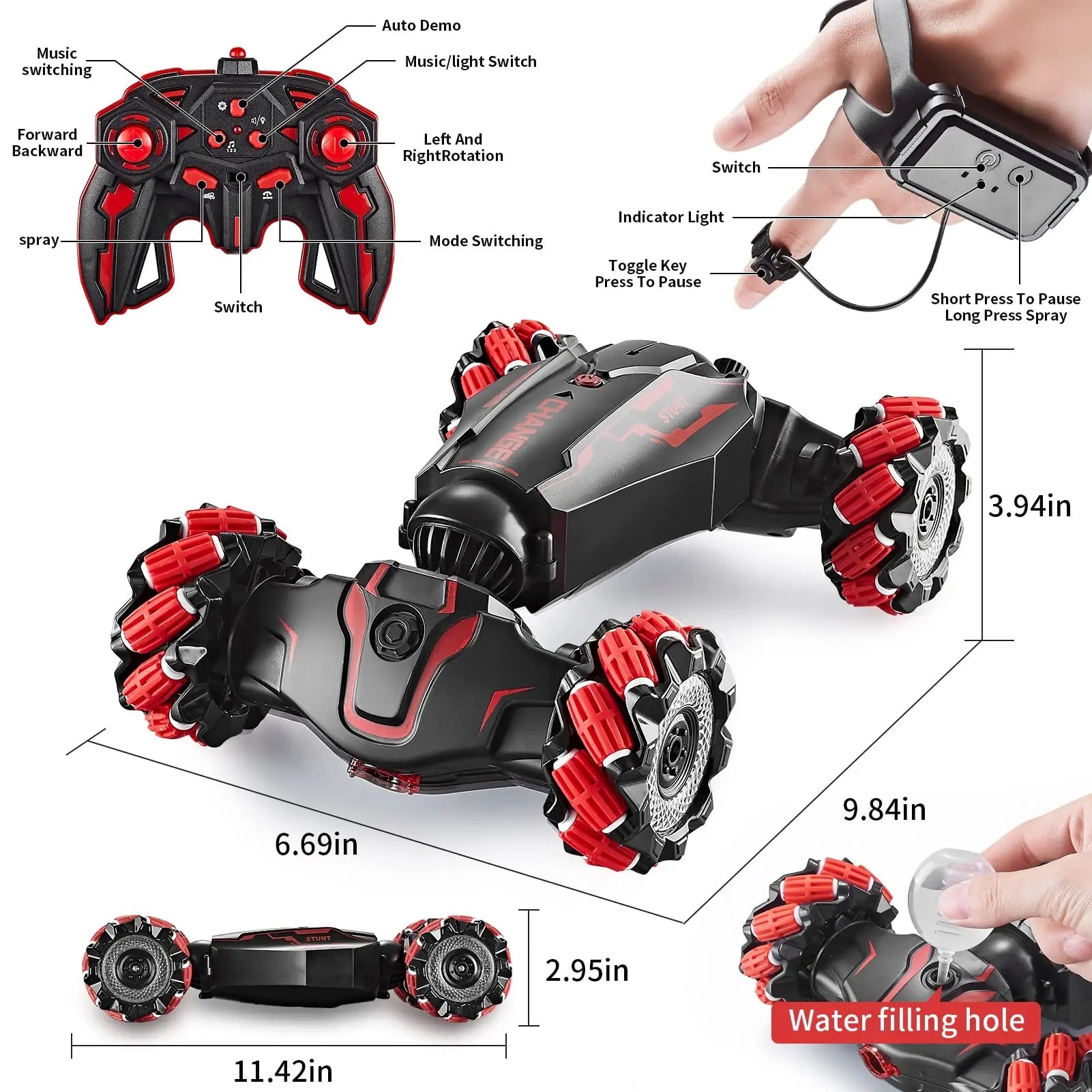 RC Stunt Auto 4WD mit Handsteuerung 360° Drehung LED Musik Spray bis 25km/h