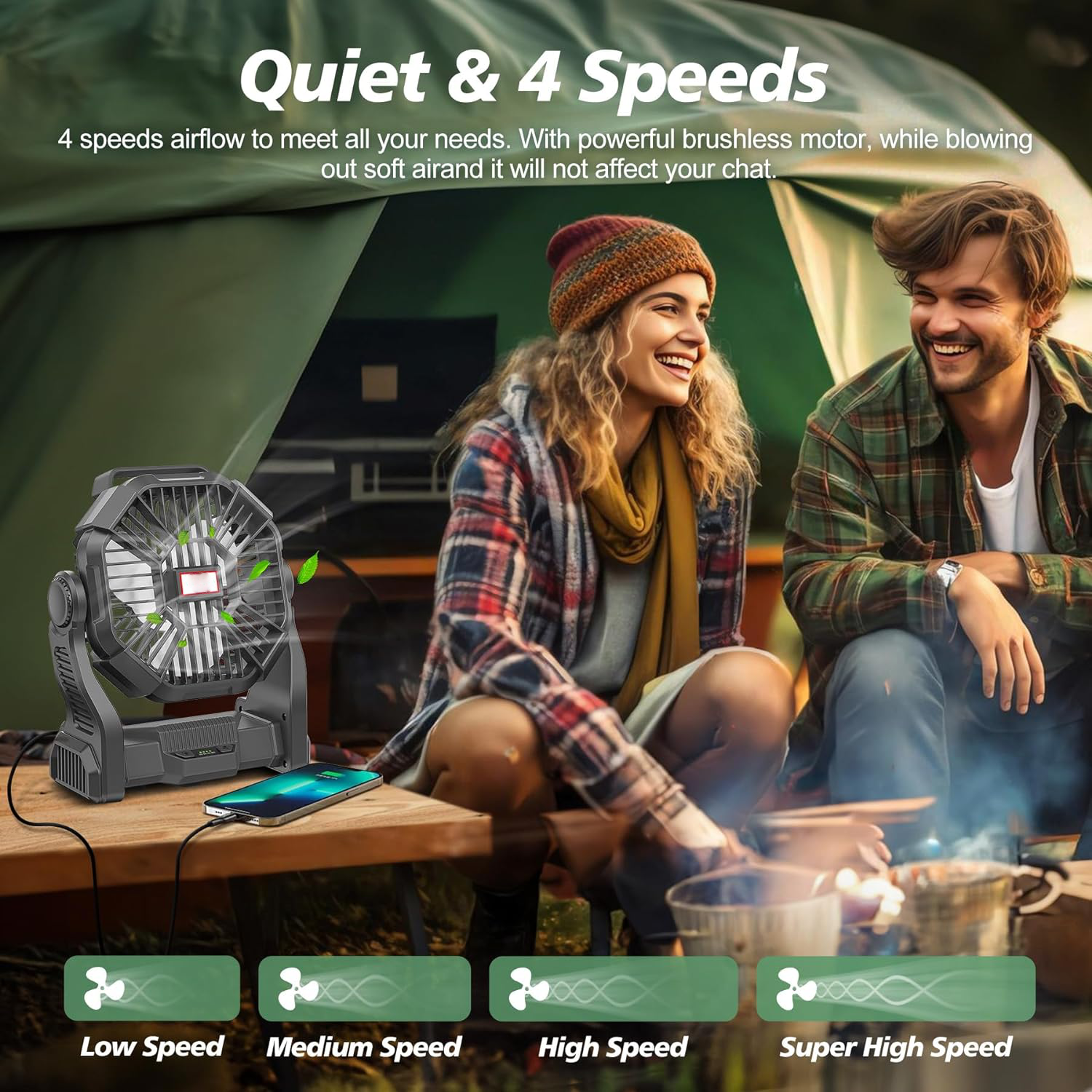 Tragbarer Camping-Ventilator wiederaufladbar 10400mAh, leise, LED-Lampe 3 Helligkeitsstufen, 4 Geschwindigkeiten, leicht &amp; kompakt