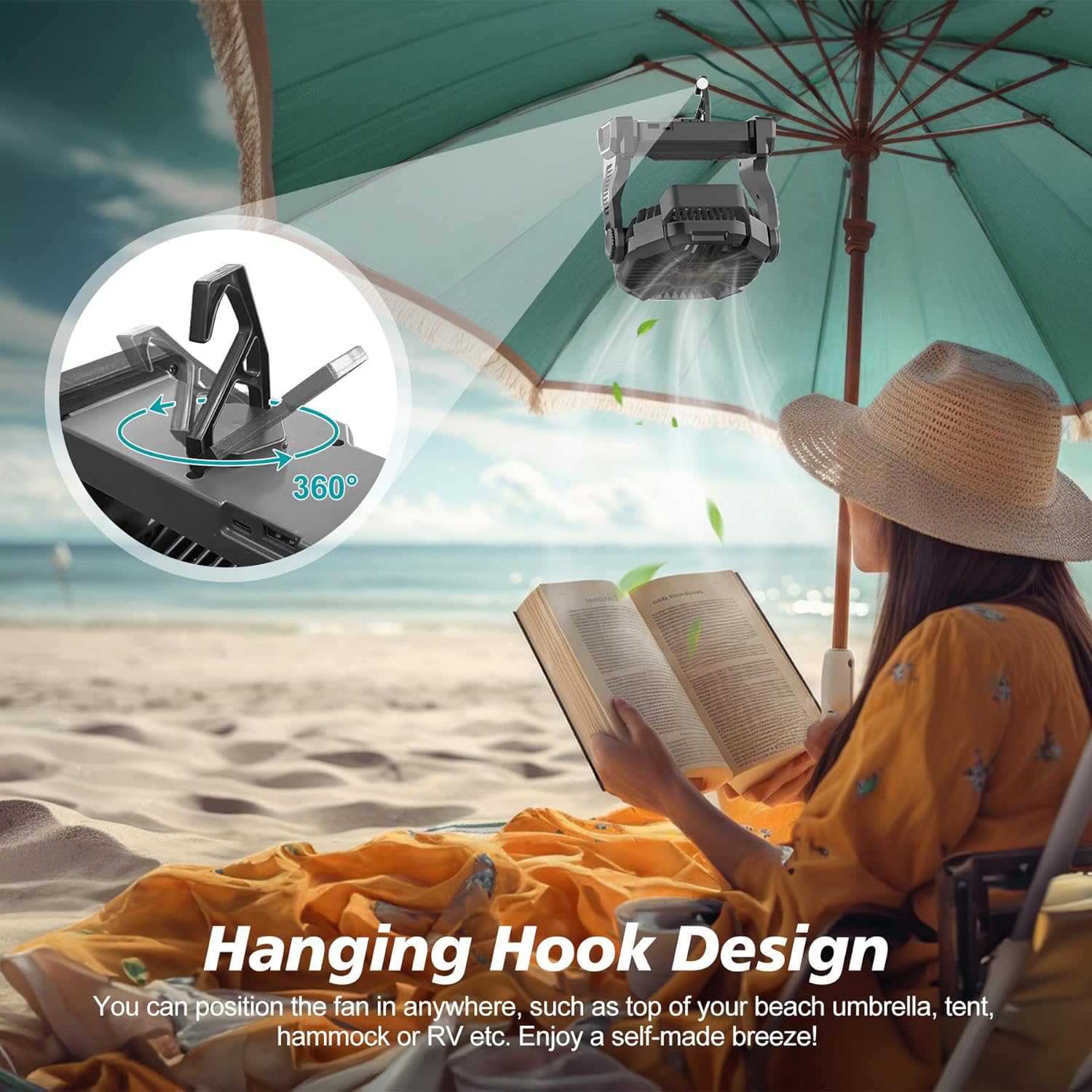 Tragbarer wiederaufladbarer Zeltventilator mit LED-Laterne – 10400mAh Akku, leise, mit 4 Geschwindigkeiten &amp; 3 Lichtstufen