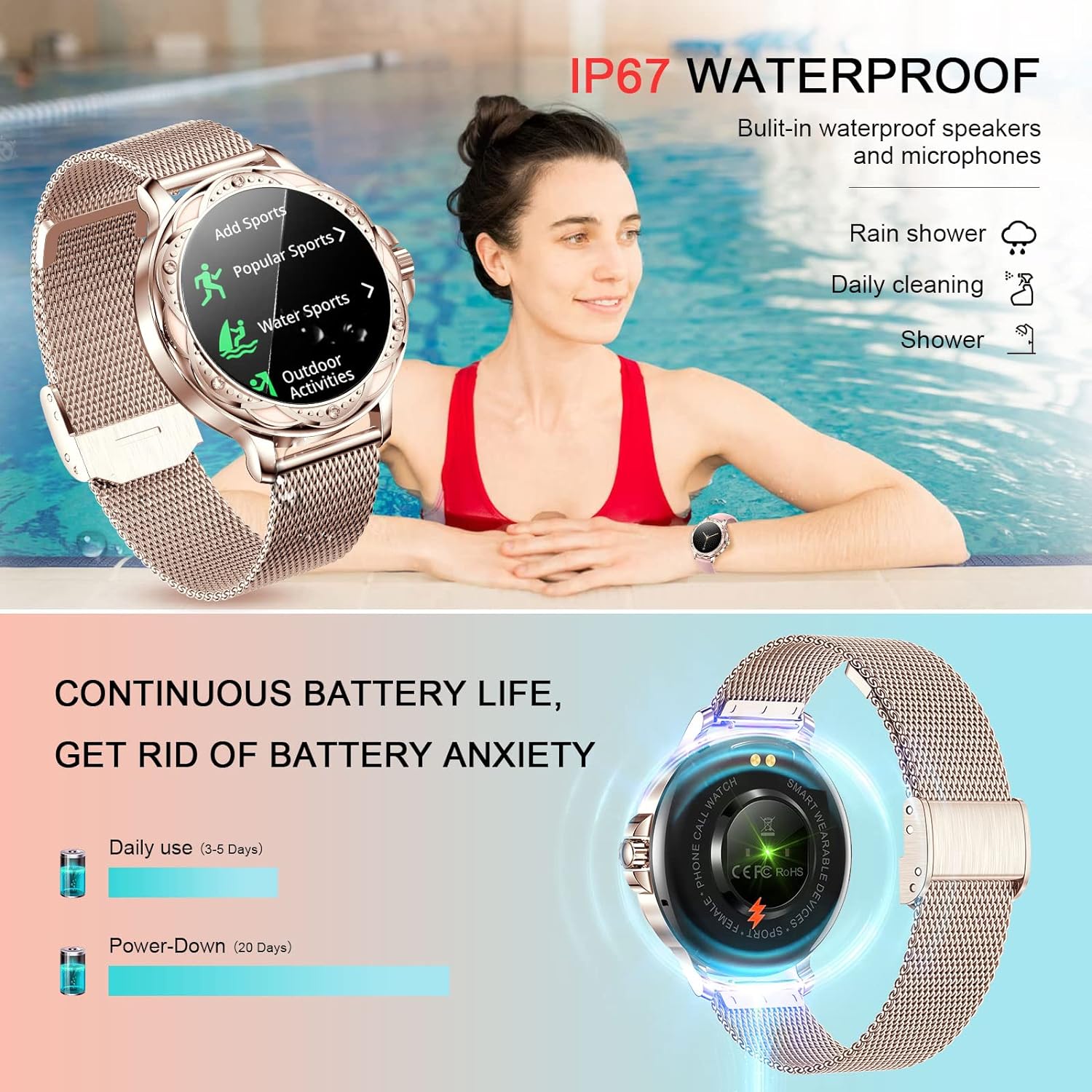 Zelara IP67 Wasserfester Luxus Fitness Tracker Sport Smart Watch für Android IOS