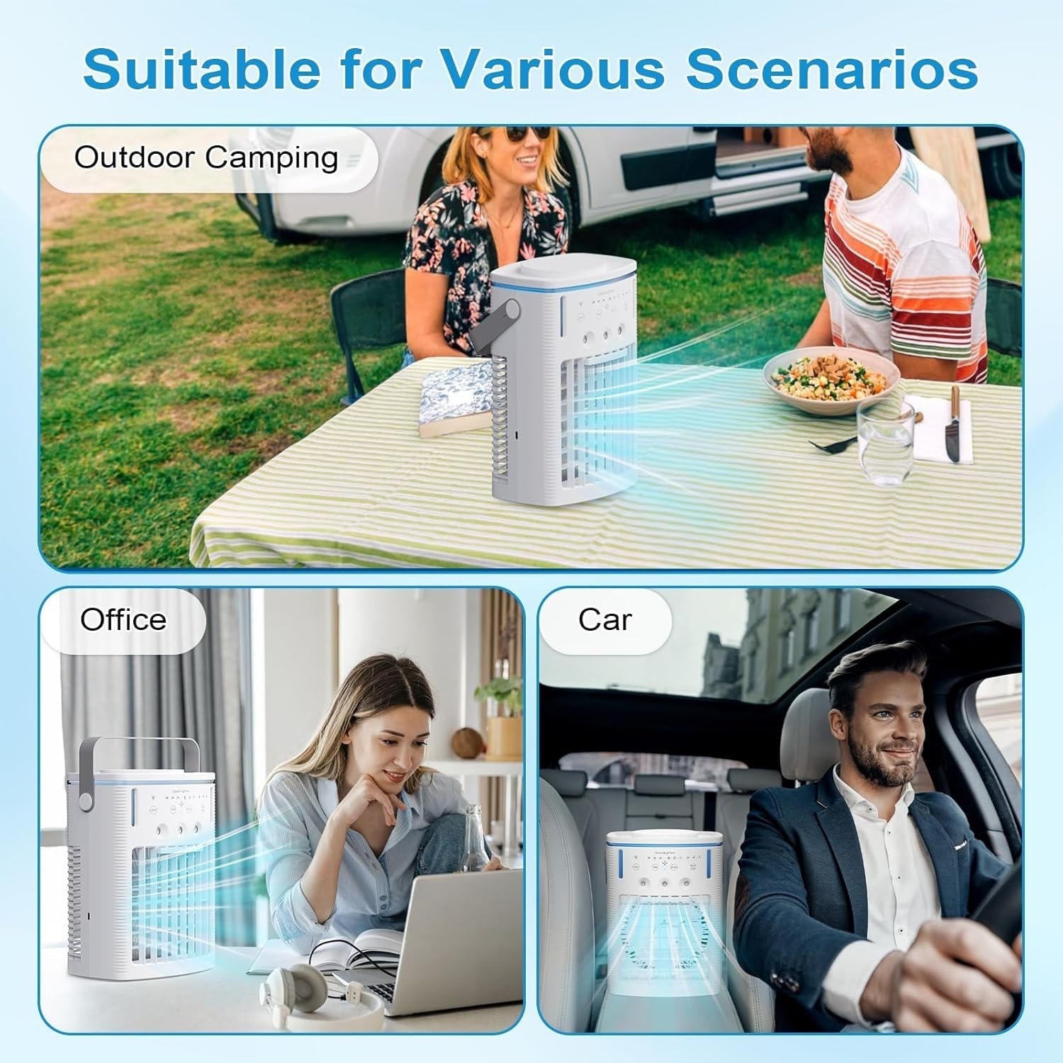 Tragbare Mini-Klimaanlage, 3-in-1 Kühlung &amp; Nebelfunktion, 3 Geschwindigkeiten, Fernbedienung, LED-Ambiente