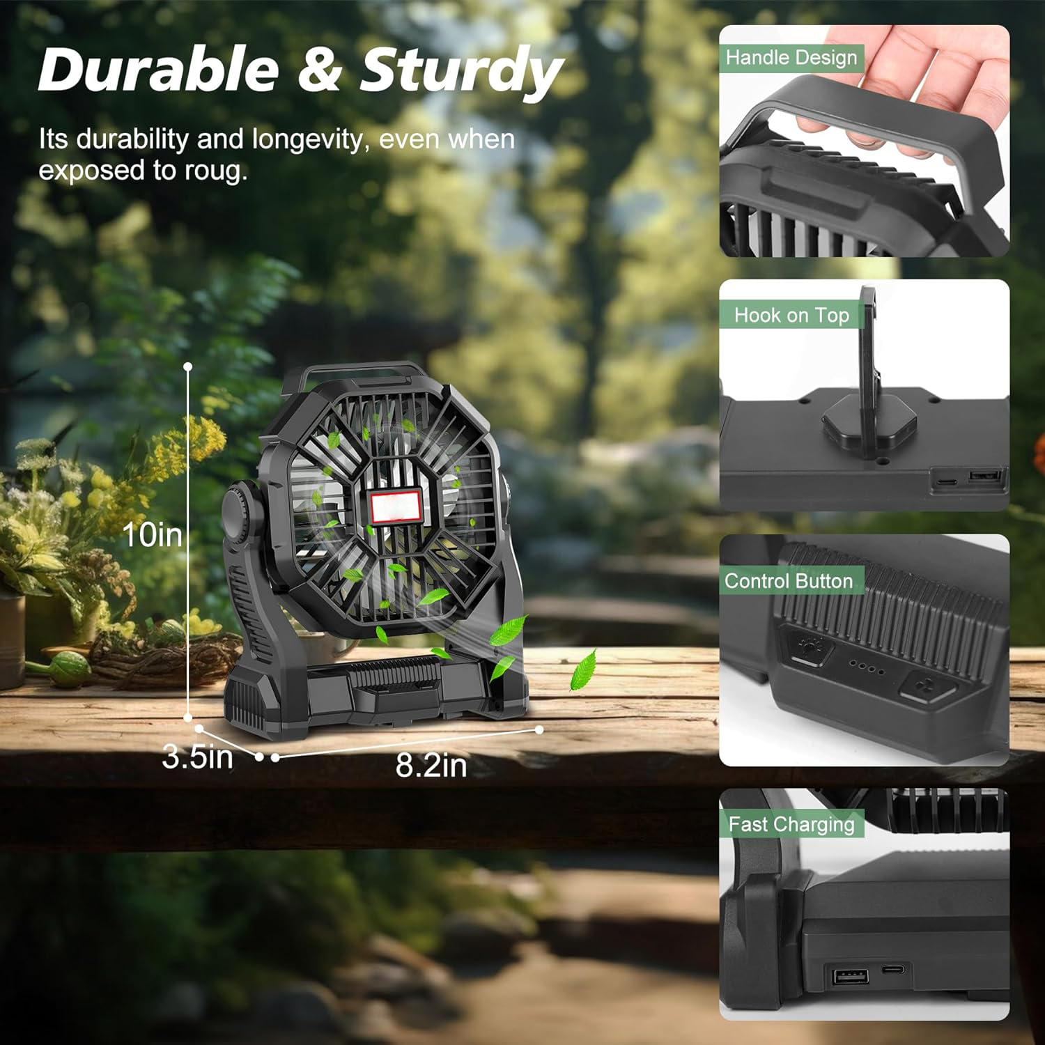 Tragbarer Camping-Ventilator wiederaufladbar 10400mAh, leise, LED-Lampe 3 Helligkeitsstufen, 4 Geschwindigkeiten, leicht &amp; kompakt