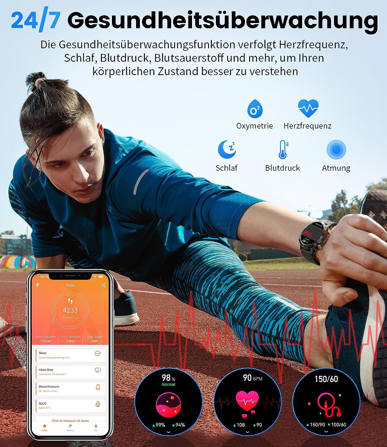 Zelara K60 Herren Smartwatch HD Outdoor Sportuhr Herzfrequenzmonitor / Schlafmonitor