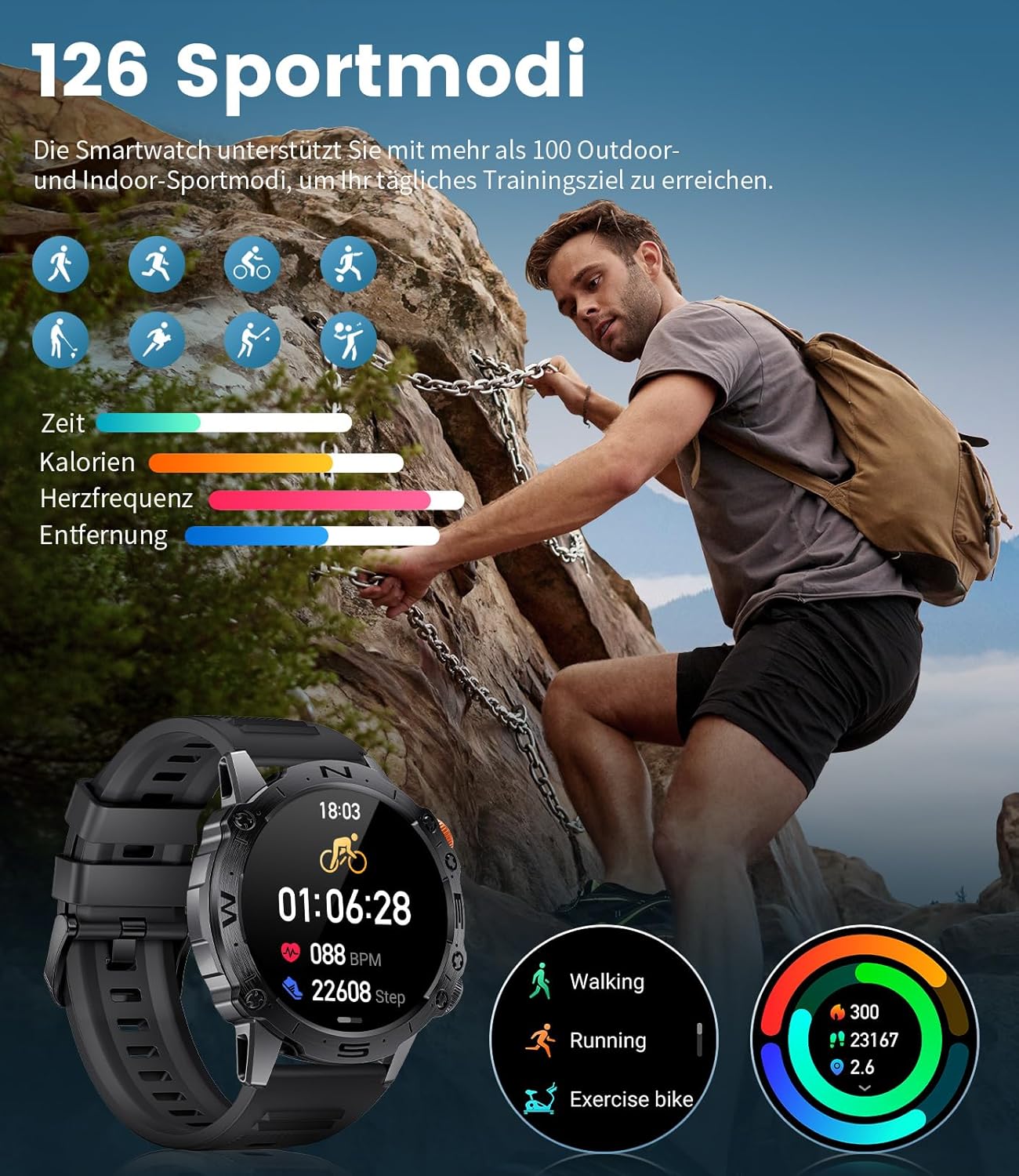 Zelara K60 Herren Smartwatch HD Outdoor Sportuhr Herzfrequenzmonitor / Schlafmonitor