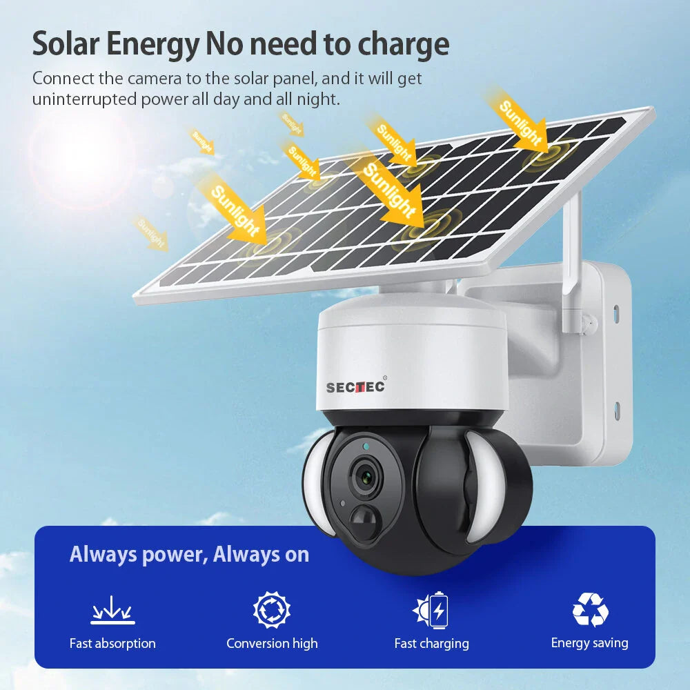 SECTEC 3MP HD 4G Solar Flutlichtkamera mit Bewegungsmelder, Farb-Nachtsicht, Gegensprechfunktion, IP66 wasserdicht für die Sicherheit im Freien