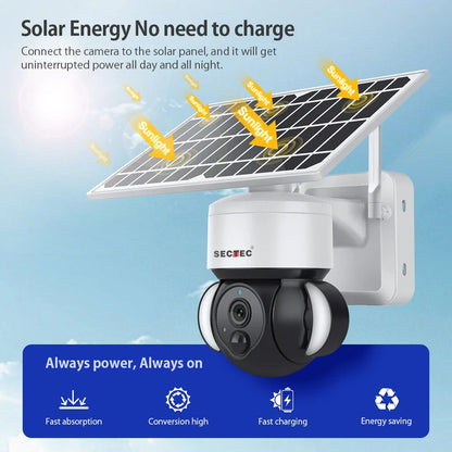 SECTEC 3MP HD 4G Solar Flutlichtkamera mit Bewegungsmelder, Farb-Nachtsicht, Gegensprechfunktion, IP66 wasserdicht für die Sicherheit im Freien