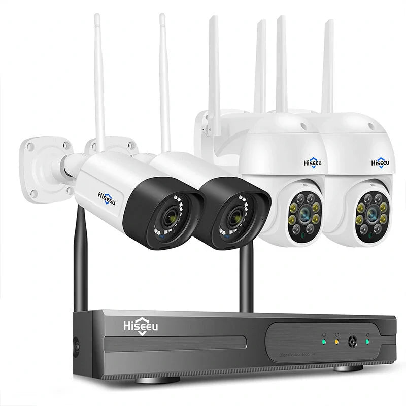 Hiseeu 3MP Wireless-Sicherheitskamera-System-Kit, 5X PTZ, 4CH Outdoor CCTV mit 2-Wege-Audio, IP66, Heimüberwachung, EU-Stecker