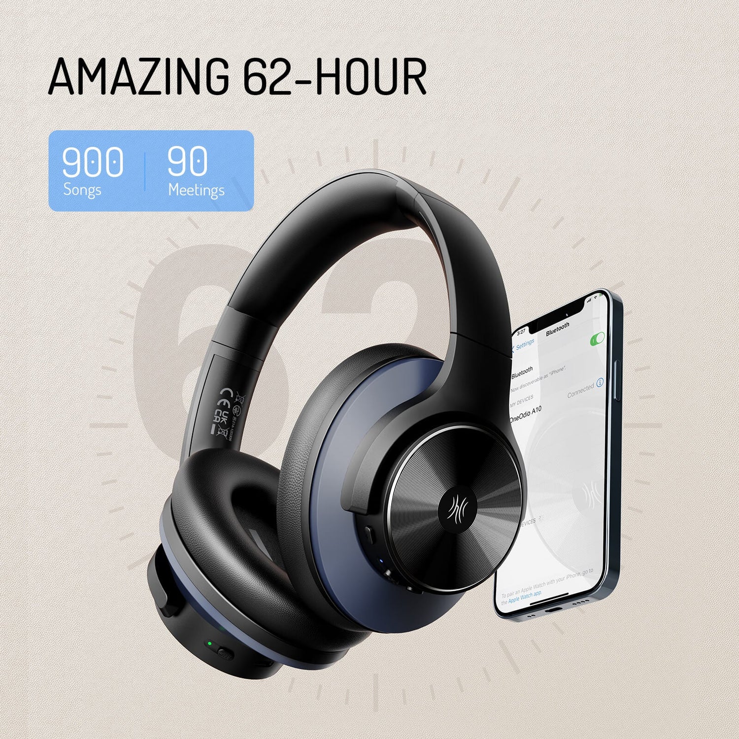 OneOdio A-Serie Aktive Geräuschunterdrückende Drahtlose Kopfhörer – Over-Ear Komfort | Bluetooth 5.0 - Eingebaute Mikrofon, Typ C Ladeanschluss &amp; Tragetasche