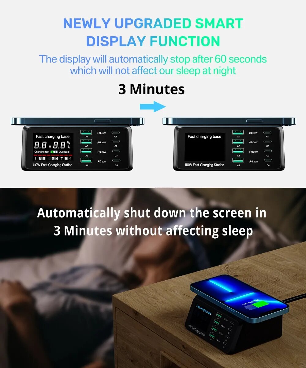 110W 8-Port USB Typ-C Ladestation Kabellose Schnell Ladegerät Digitalem Bildschirm | Wireless Charging Station iPhone, Samsung, Android, Handy, Tablet