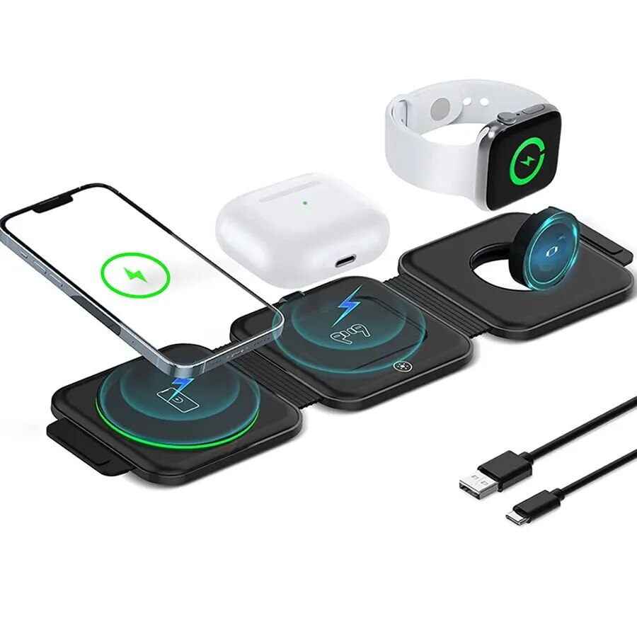 3-in-1 Faltbare Schnell Ladestation, Doppel Magnetisches 15W Kabelloses Ladegerät MagSafe | Tragbare Charging Station für Apple iPhone, AirPods, Watch