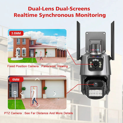 Outdoor Dual-Screen AI Tracking PTZ Wifi Kamera, 3MP+3MP, IR Nachtsicht, Onvif, 2-Wege Audio, iCSee Kompatibel
