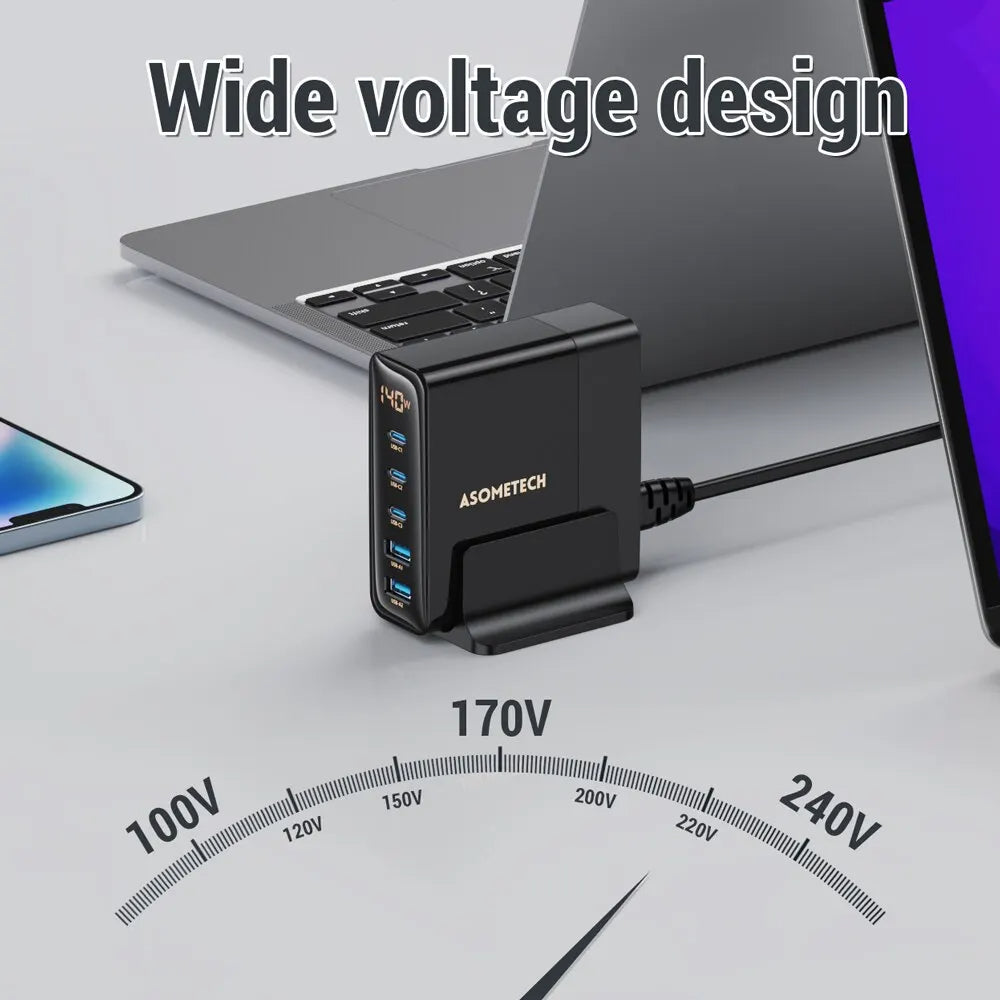 140W GaN Schnellladegerät: Premium Desktop-Ladestation | 5 USB-Anschlüsse Charging Station Dockingstation ASOMETECH | Laptop, MacBook, iPhone, Samsung