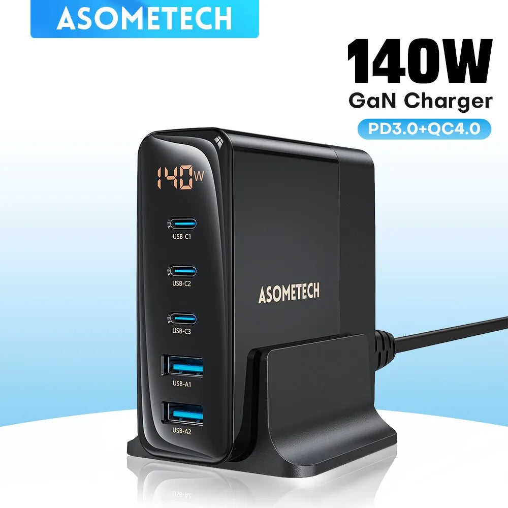 140W GaN Schnellladegerät: Premium Desktop-Ladestation | 5 USB-Anschlüsse Charging Station Dockingstation ASOMETECH | Laptop, MacBook, iPhone, Samsung