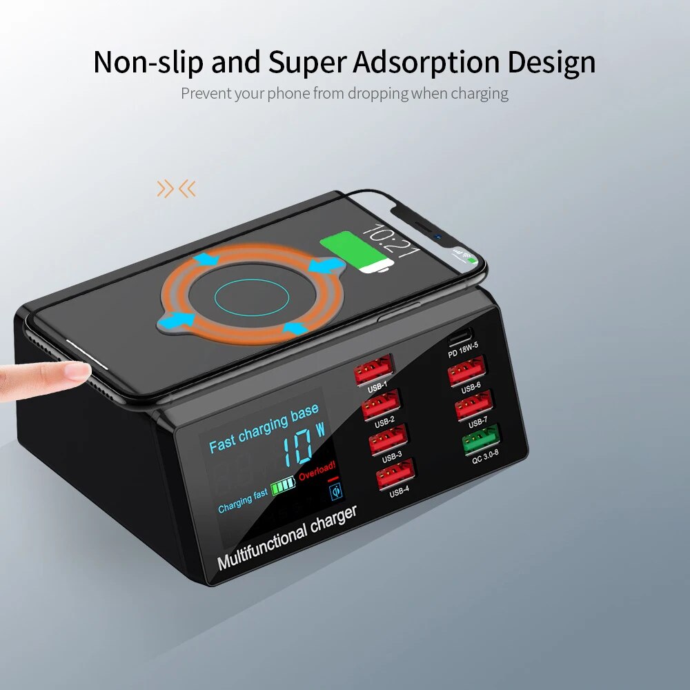 110W 8-Port USB Typ-C Ladestation Kabellose Schnell Ladegerät Digitalem Bildschirm | Wireless Charging Station iPhone, Samsung, Android, Handy, Tablet