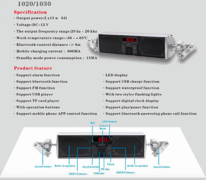 Wasserdichte Bluetooth-Motorradlautsprecher – Lenkerlautsprecher mit USB, TF, LED &amp; App-Steuerung