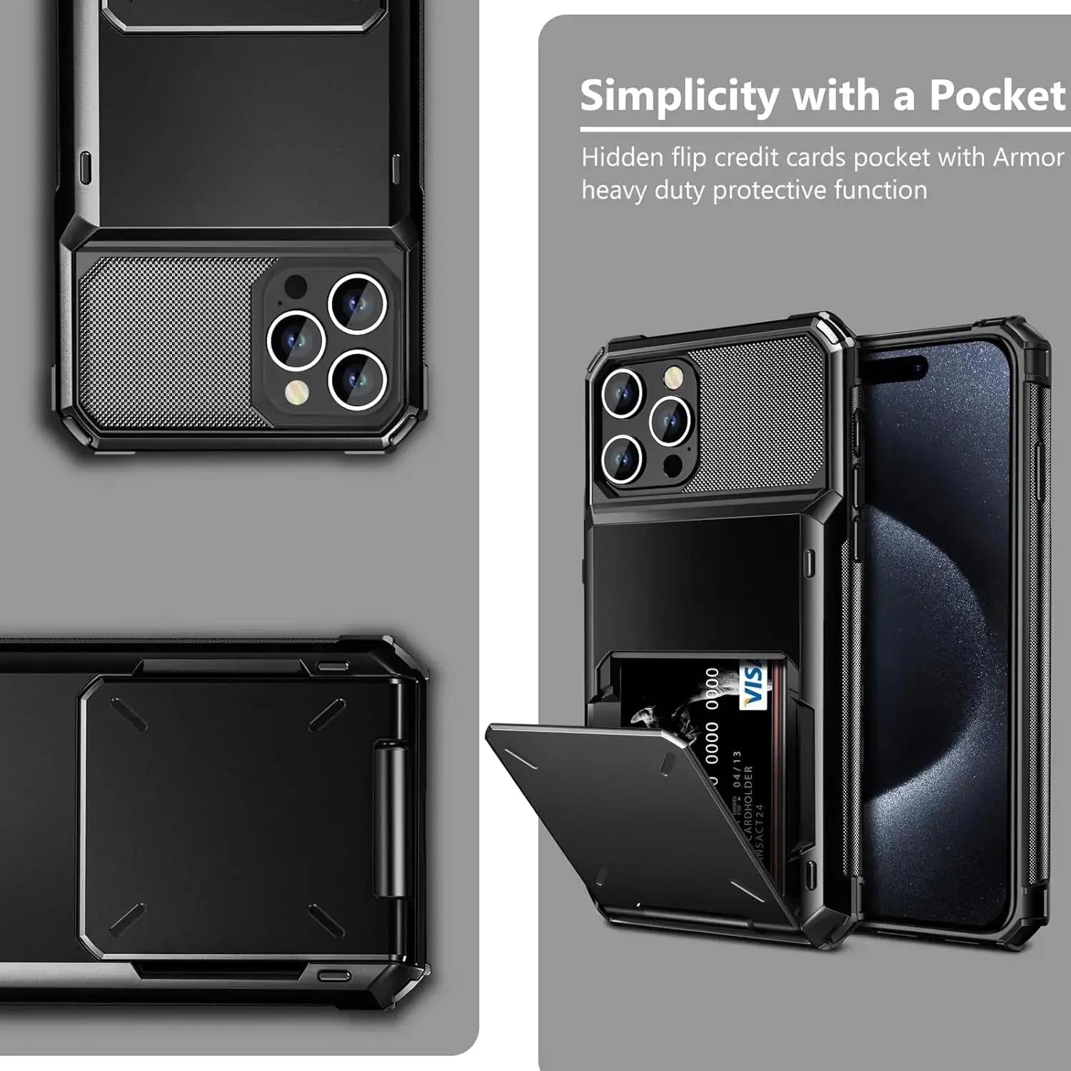 Robustes Kartenhalter-Case mit Flip-Wallet für iPhone 16, 16 Pro Max &amp; frühere Modelle – Versteckter Slot &amp; schützende harte Rückseite